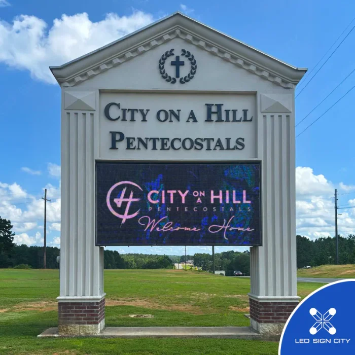 Church LED display set into a columned monument
